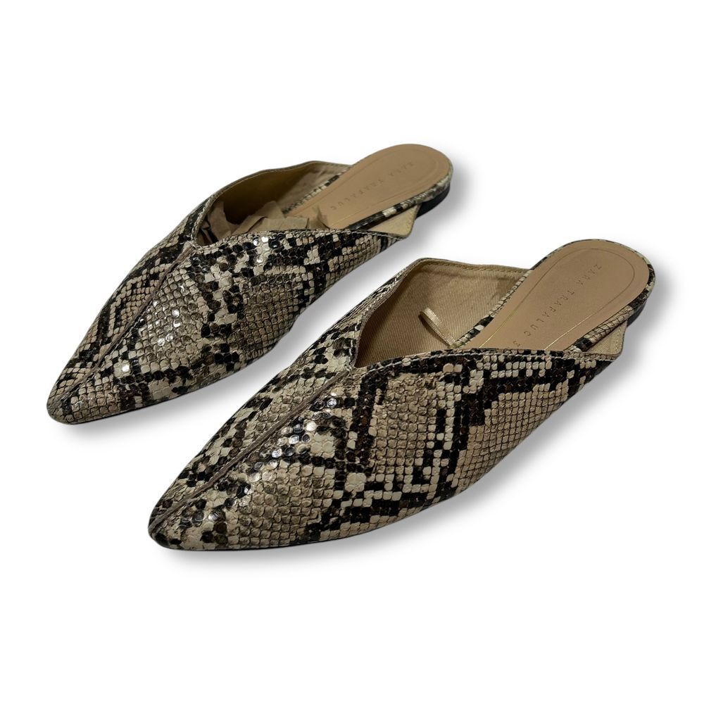 Zara Pointed Toe Snake Print Mules Slip-On Flat‎ Shoes Womens 36 (US6)